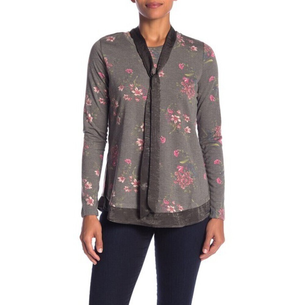 Bobeau women's sweater Satin Bow Detailed Floral in Olive Size S NWT